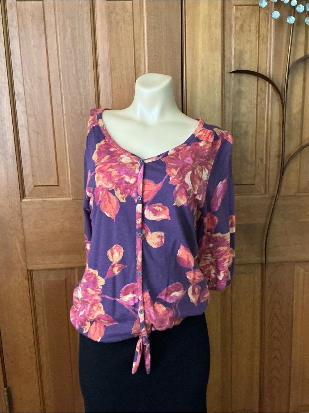 Sonoma Purple Floral pullovers faux Button-Front Tie Hem Blouse